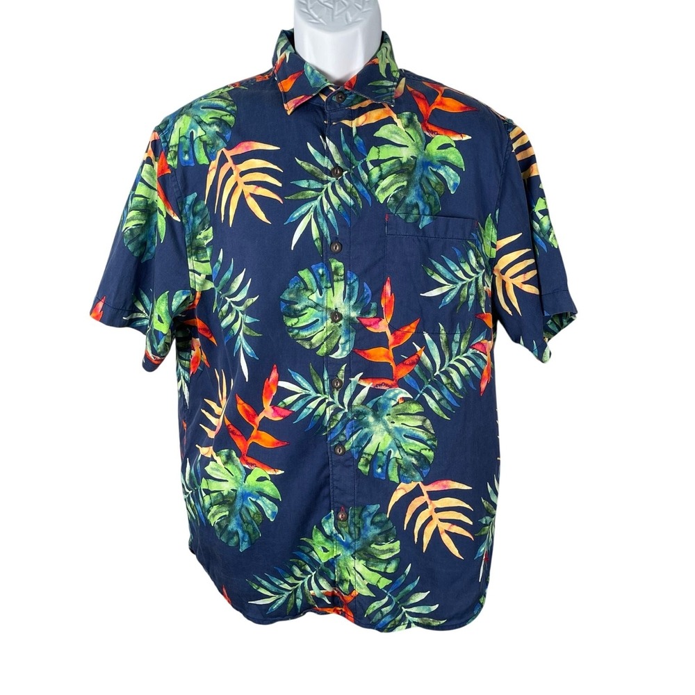 Tommy Bahama Shirt M Blue Leaf Print Tropical Rhapsody Tencel Cotton Vacation